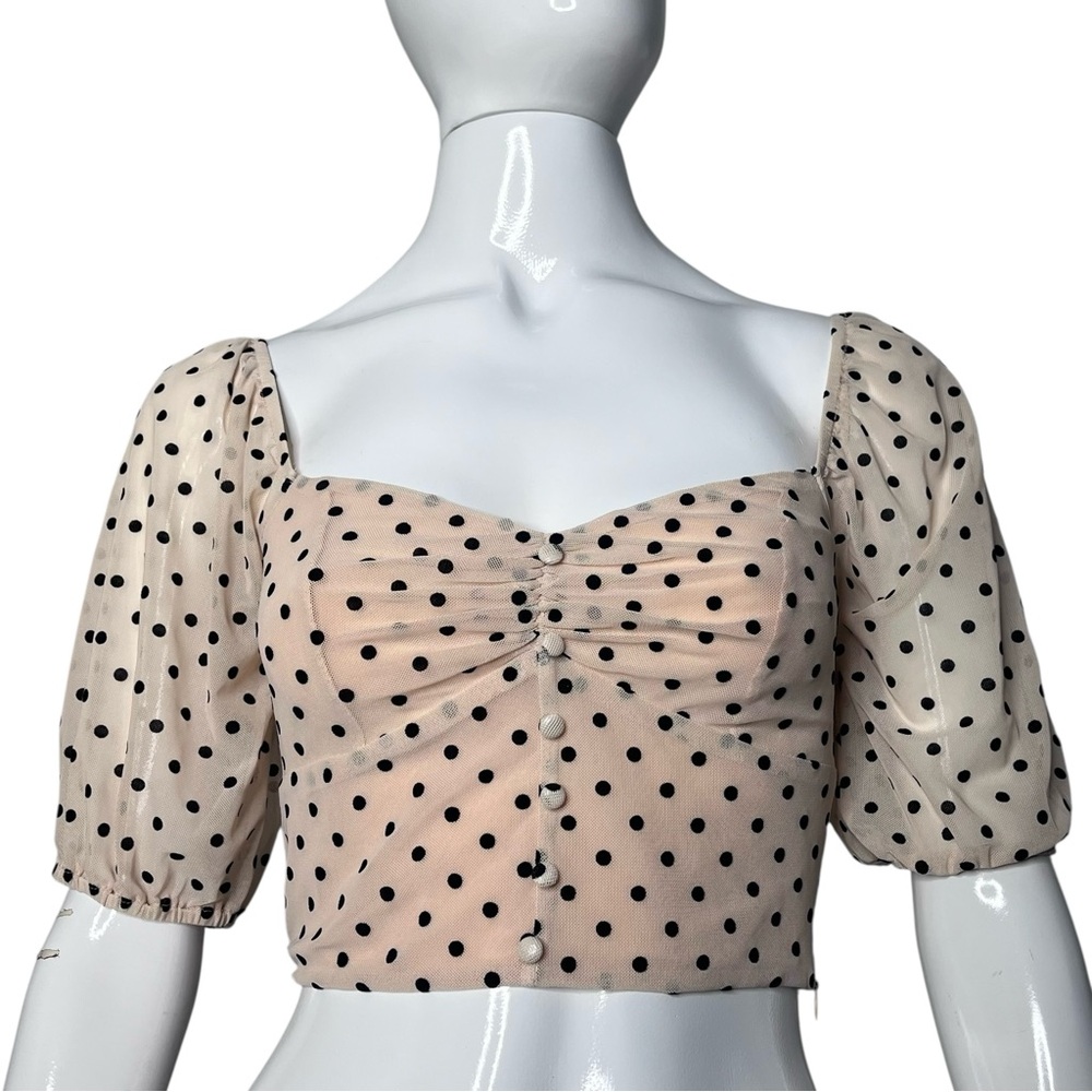 NWT Market Beige/Black Flocked Dot Mesh Sweetheart Neck Ruched Crop Top Size S